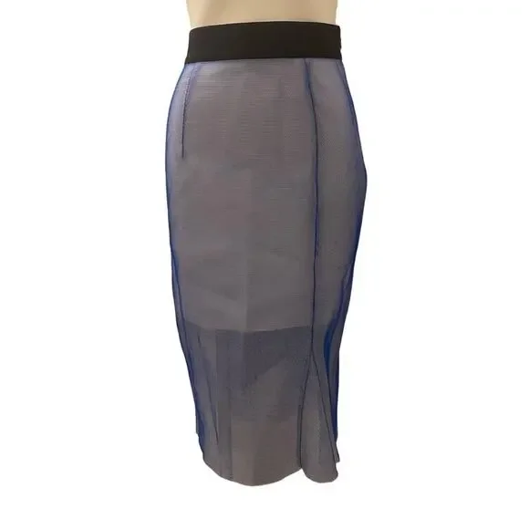 Milly Blue Midi Pencil Skirt sz 10 Milly Midi Skirt Net Overlay Skirt - Picture 1 of 14